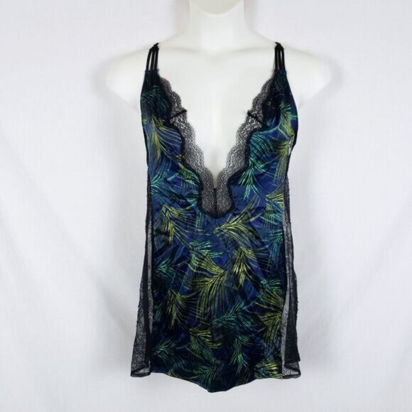 Victoria's Secret Satin Slip Dress Womens L Tropical Sheer Lace Deep V Sexy - Picture 1 of 11